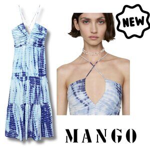 MANGO SPAIN Tie-Dye Boho Festival Strappy Maxi Dress in Variation Blue NEW NWT